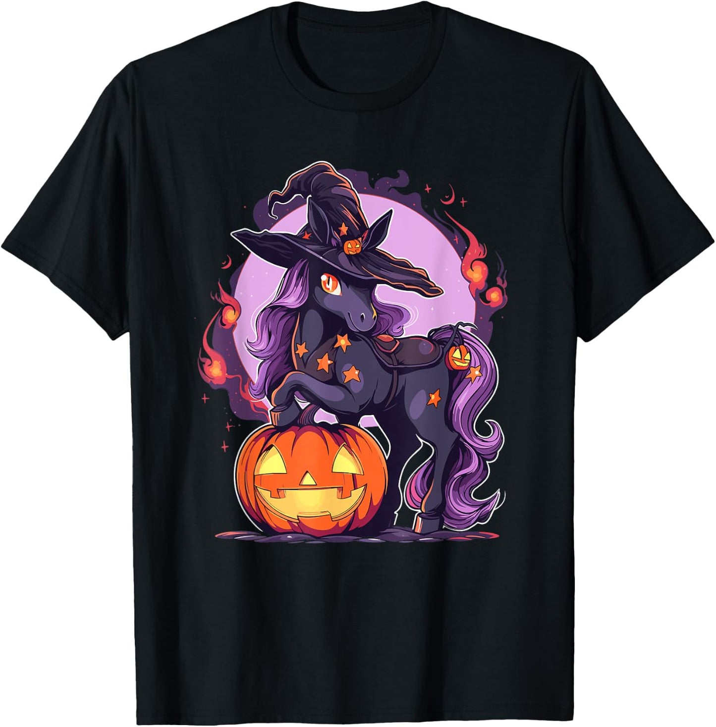 Halloween Horse Witch Hat Jack o Lantern Horse Rider Graphic T-Shirt - T-Shirt | Black