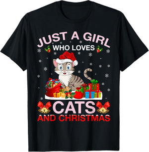 Just A Girl Who Love Cats And Christmas T-Shirt - T-Shirt | Black