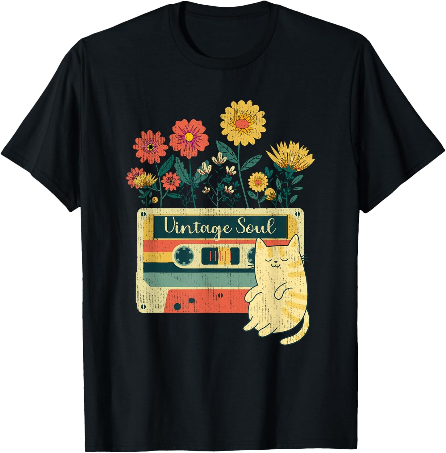 Vintage Cat Shirt - Retro Soul Flowers Wildflower T-Shirt - T-Shirt | Black
