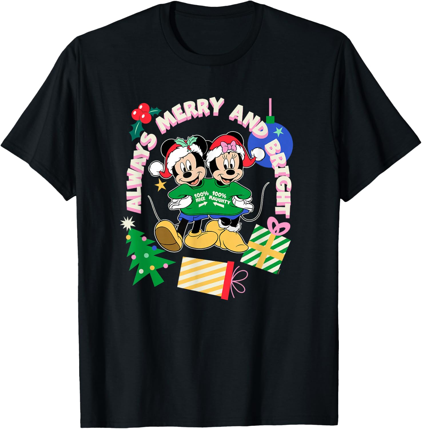 Disney Mickey & Minnie Christmas Always Merry & Bright T-Shirt - T-Shirt | Black