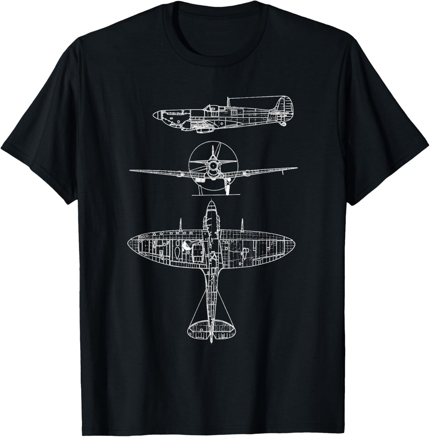 Spitfire Iconic British Airplane Blueprint Design T-Shirt - T-Shirt | Black