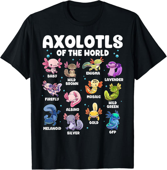 Axolotl Shirt Kawaii Axolotls Of The World Types Of Axolotls T-Shirt - T-Shirt | Black