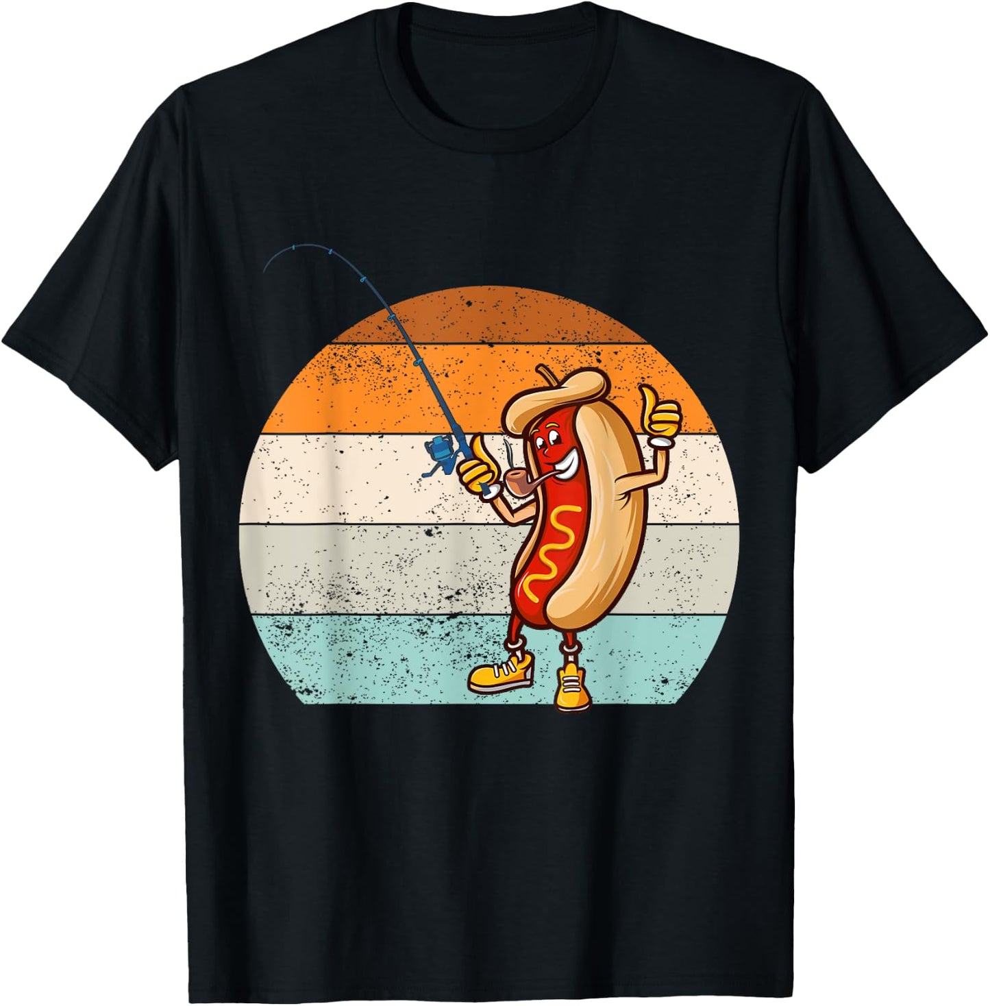 Funny fishing hot dog, Retro vintage hot dog fishermen T-Shirt - T-Shirt | Black