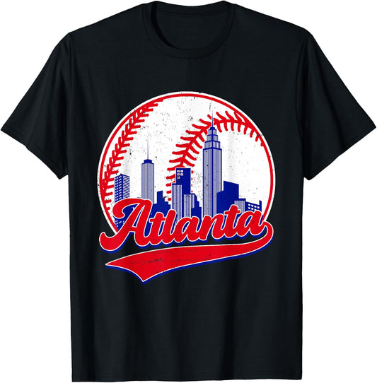 Retro Baseball Player Lover Atlanta Distressed Game Day T-Shirt - T-Shirt | Black