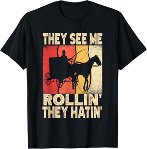 They See Me Rollin' They Hatin' Funny Amish Wagon Retro T-Shirt - T-Shirt | Black