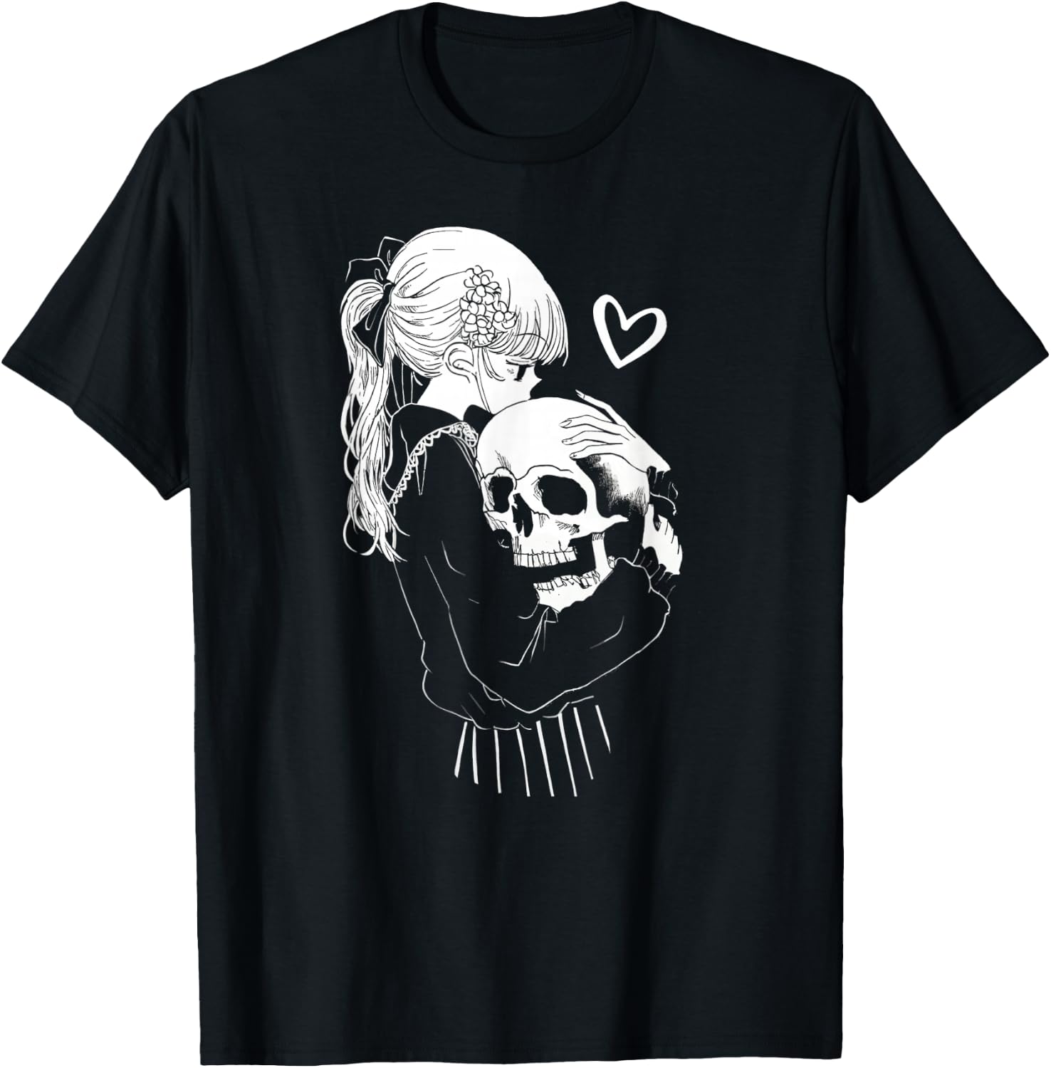Creepy Cute Anime Schoolgirl Cuddles Skeleton Skull Dark Art T-Shirt - T-Shirt | Black