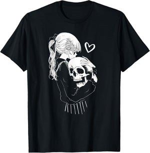 Creepy Cute Anime Schoolgirl Cuddles Skeleton Skull Dark Art T-Shirt - T-Shirt | Black