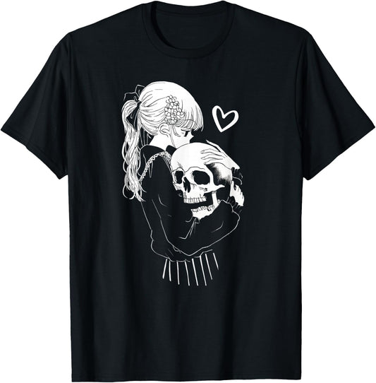 Creepy Cute Anime Schoolgirl Cuddles Skeleton Skull Dark Art T-Shirt - T-Shirt | Black
