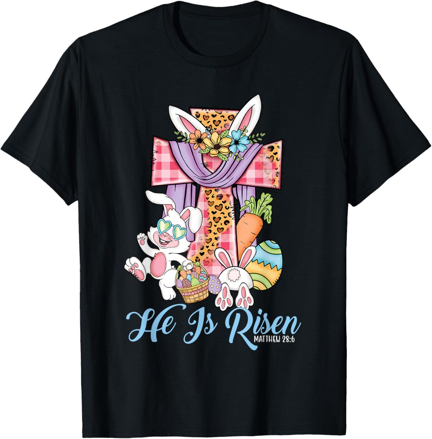 He is Risen Kids Leopard Cross Bunny Happy Easter T-Shirt - T-Shirt | Black
