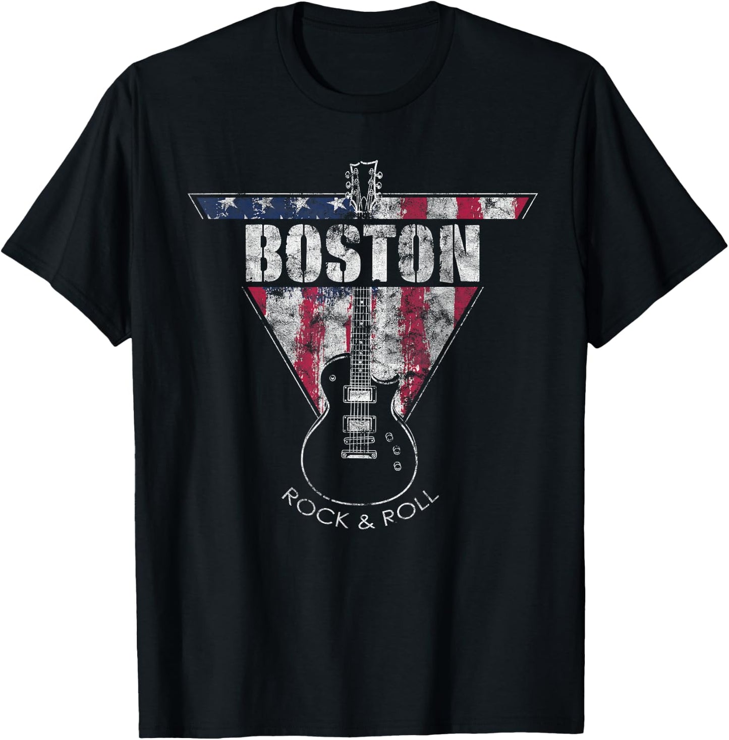 Boston Souvenir Vintage American Flag Guitar Player Rock Fan T-Shirt - T-Shirt | Black