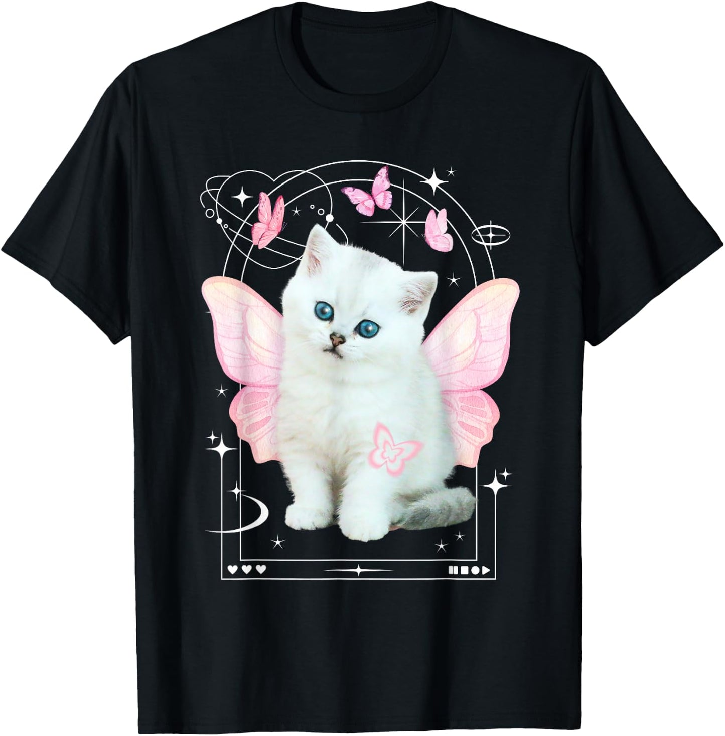 Cute y2k Aesthetic Cat Butterfly Fairy Cyber 2000s Graphic T-Shirt - T-Shirt | Black