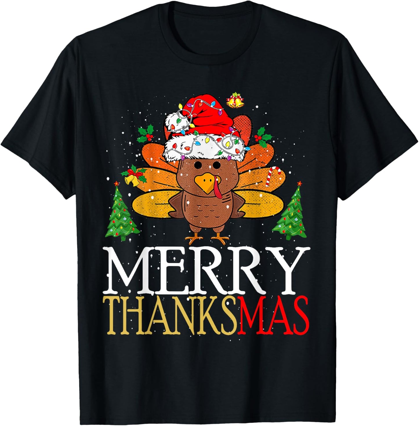 Merry Thanksmas Happy Thanksgiving Santa Turkey T-Shirt - T-Shirt | Black