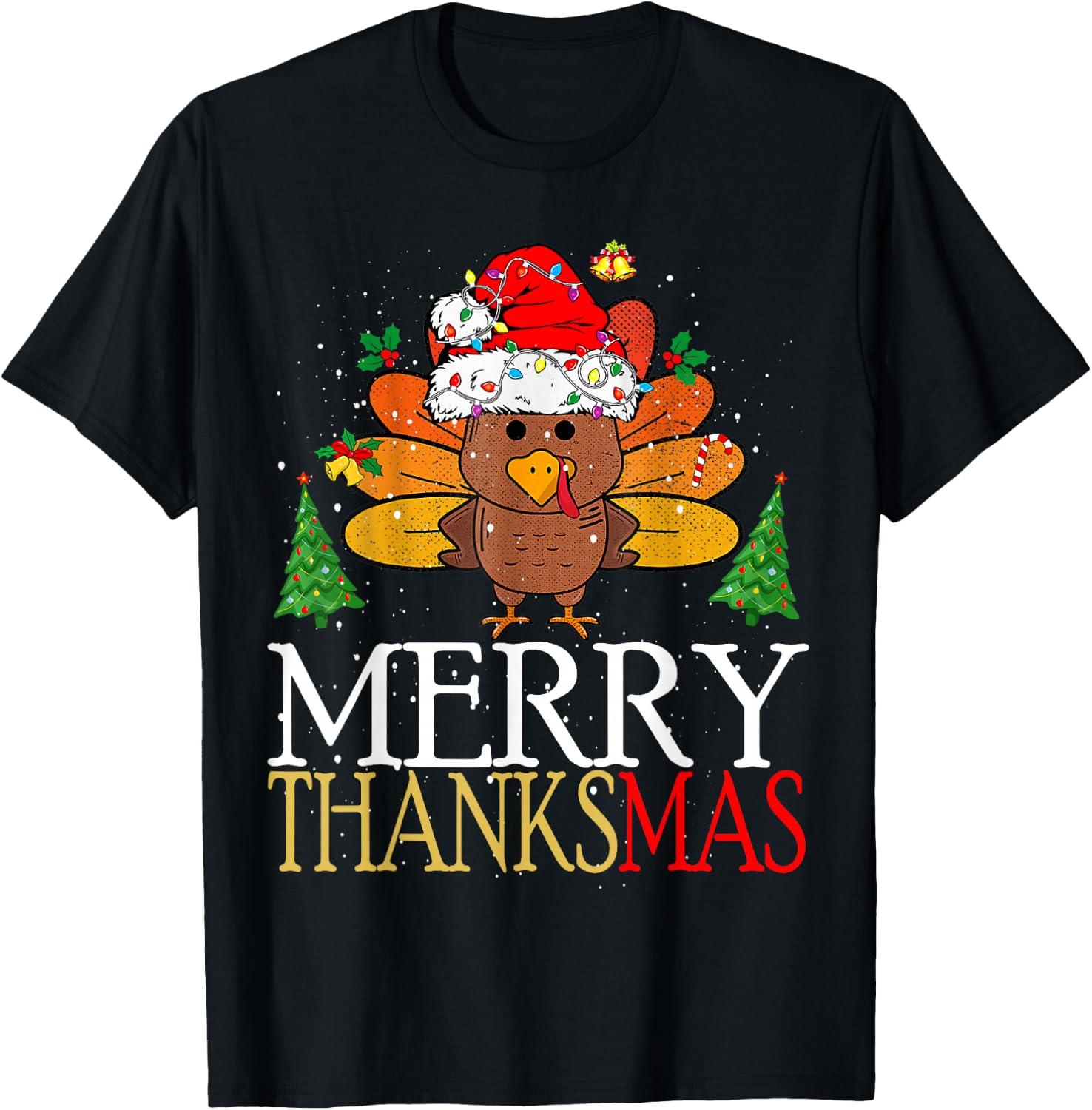 Merry Thanksmas Happy Thanksgiving Santa Turkey T-Shirt - T-Shirt | Black