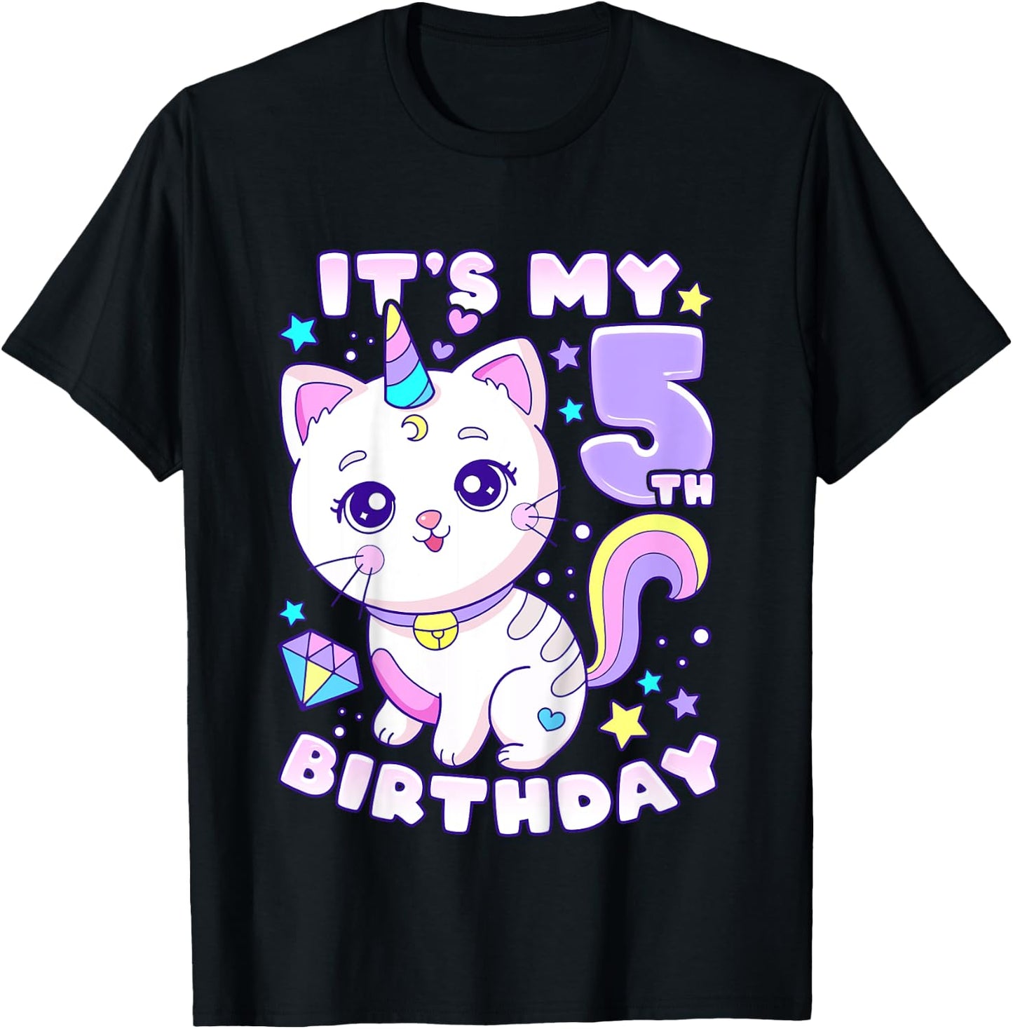 Birthday girl 5 years old, cat, unicorn, 5th birthday T-Shirt - T-Shirt | Black