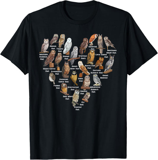 Love Owls Heart T-Shirt - T-Shirt | Black