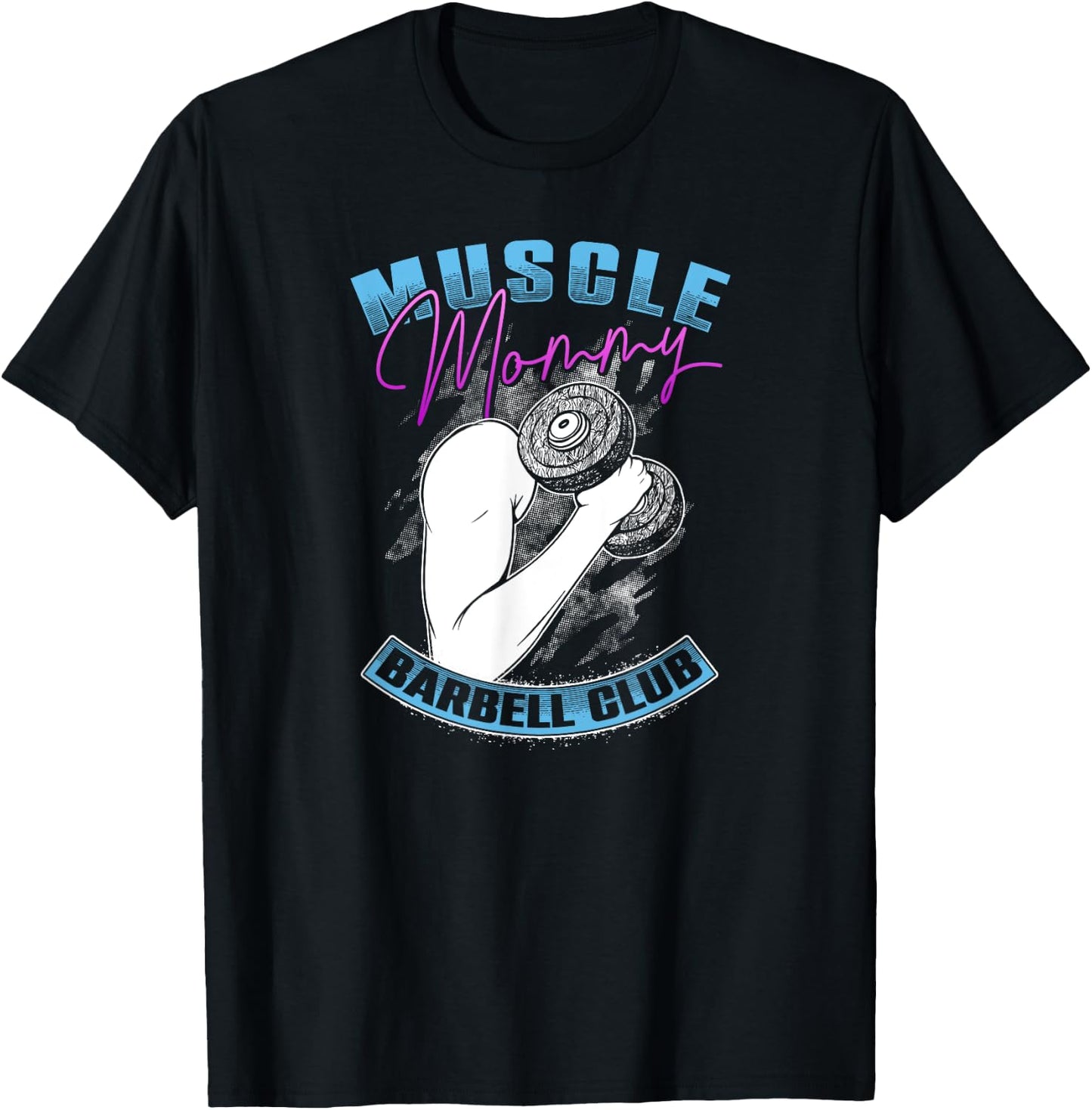 Retro Blue Pink Muscle Mommy Barbell Lifting Club T-Shirt - T-Shirt | Black