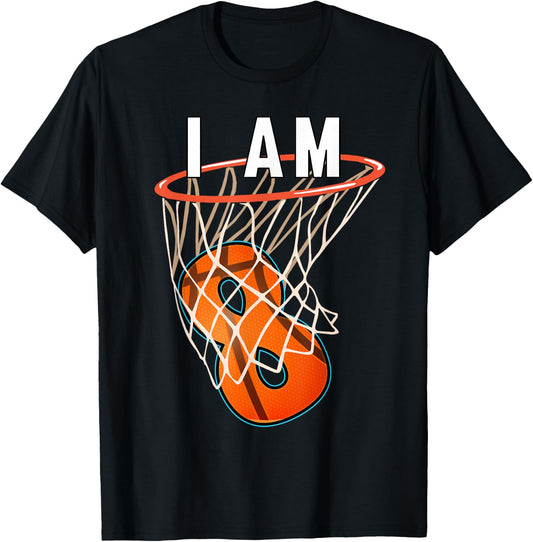 I Am 8 Basketball Themed 8th Birthday Party Celebration T-Shirt - T-Shirt | Black