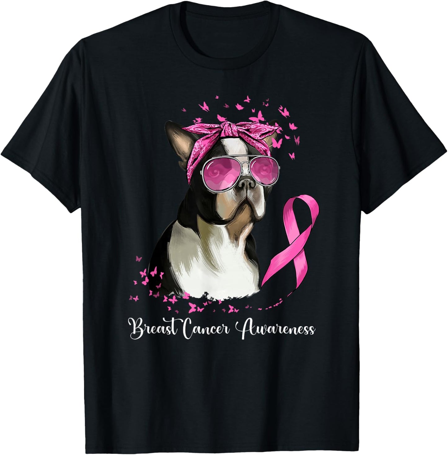 Boston Terrier Dog Lover Pink Ribbon Breast Cancer Awareness T-Shirt - T-Shirt | Black