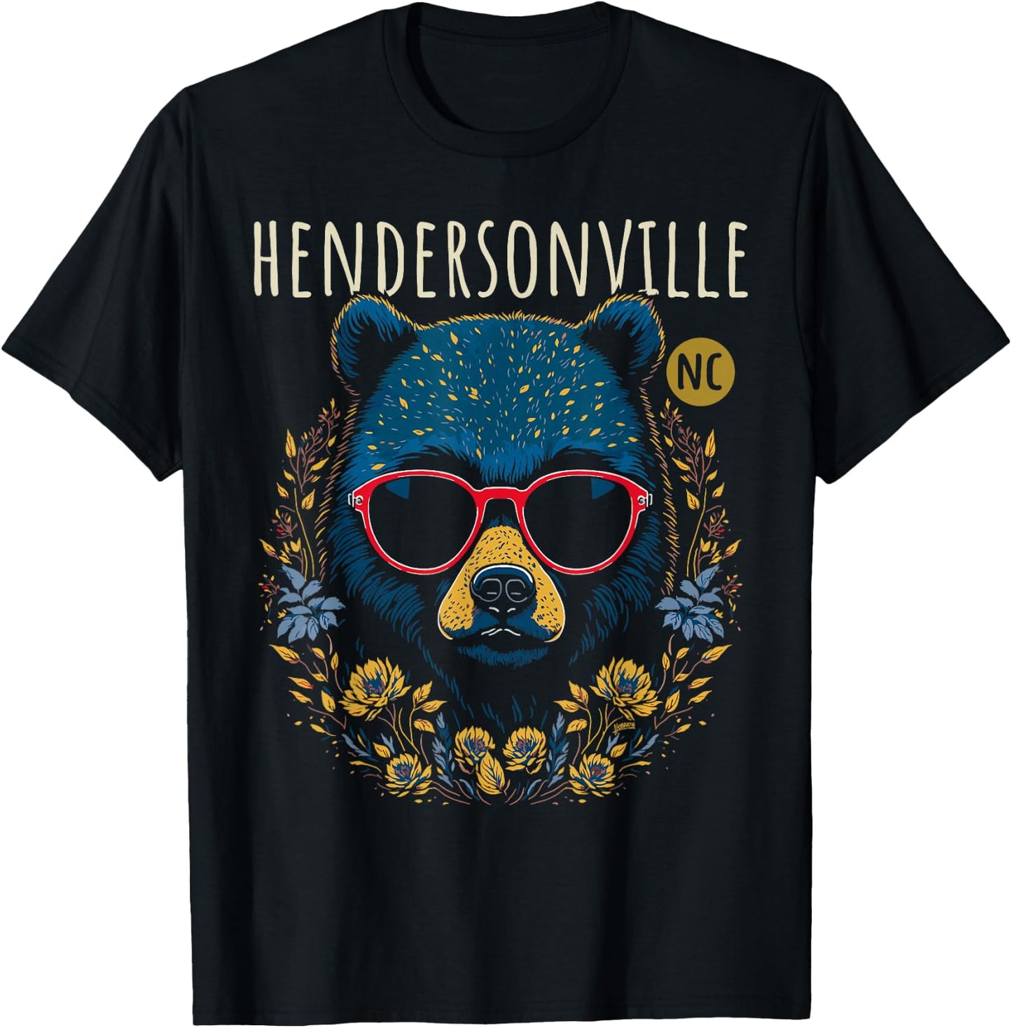 Hendersonville NC Fun Bear Wearing Glasses Flowers Design T-Shirt - T-Shirt | Black