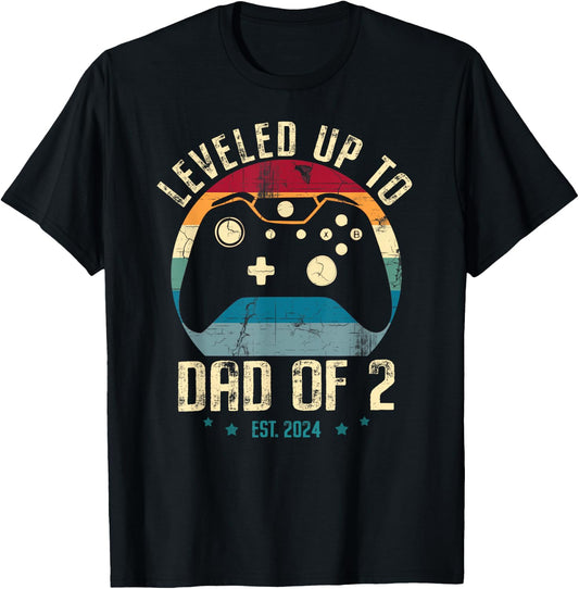 I Leveled Up To Dad Of 2 Daddy Again 2024 Gamer Fathers Day T-Shirt - T-Shirt | Black
