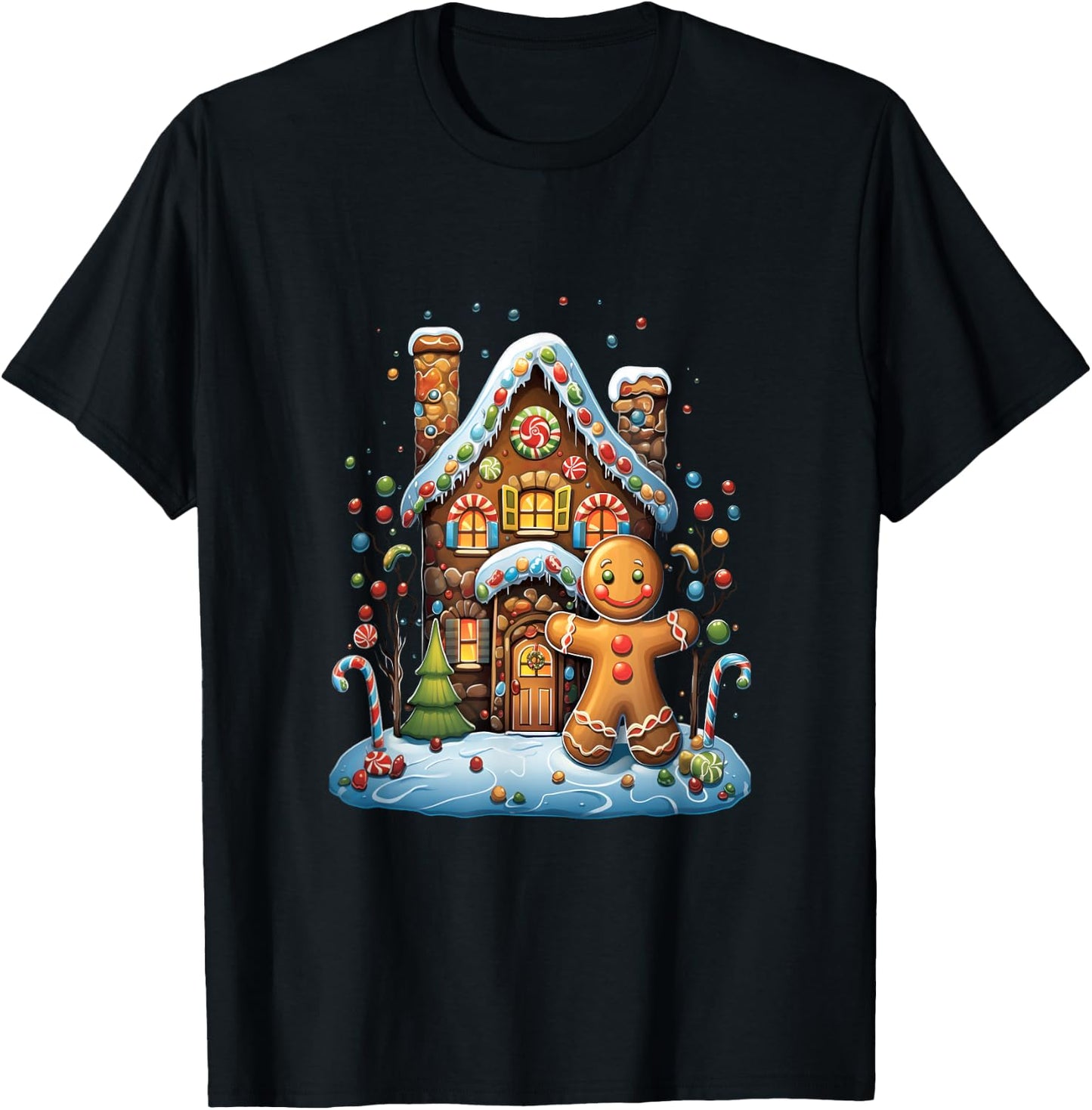 Christmas Gingerbread House Candy Cane X-Mas Pajamas Party T-Shirt - T-Shirt | Black