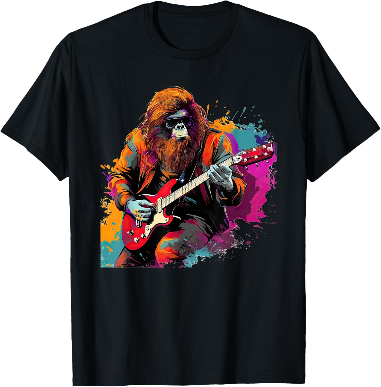 Bigfoot Guitarist Sasquatch Musician Colorful Rock Star T-Shirt - T-Shirt | Black