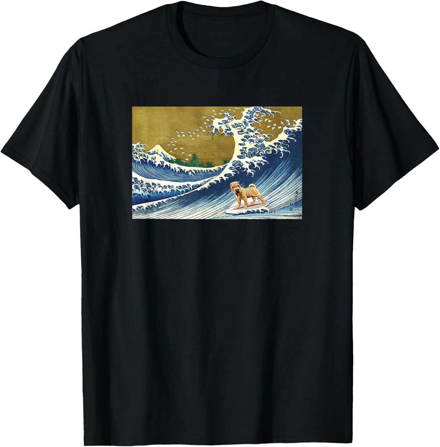 Funny Retro Vintage Surfing A Great Wave Shar Pei Dog Lover T-Shirt - T-Shirt | Black