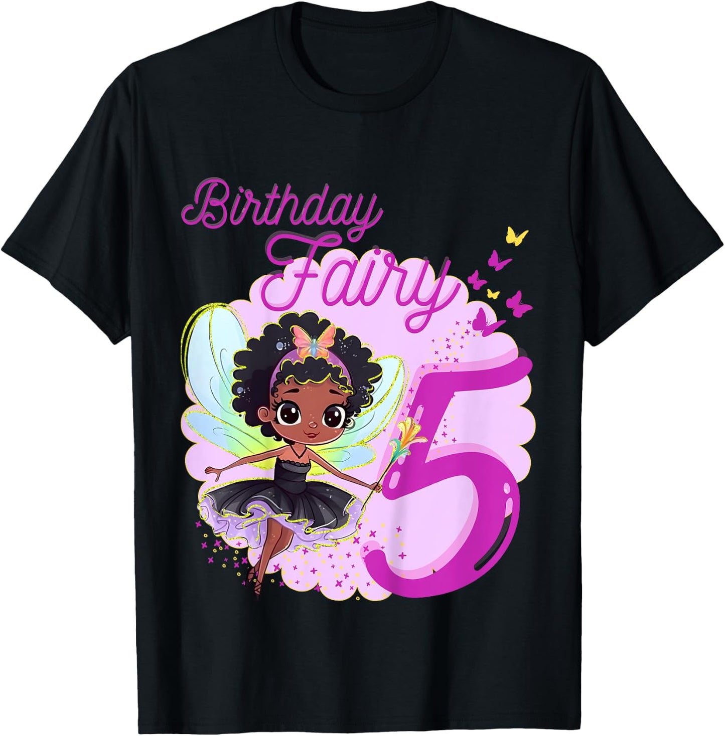 Magical Black Fairy Party Theme 5th Birthday | 5 Years Old T-Shirt - T-Shirt | Black