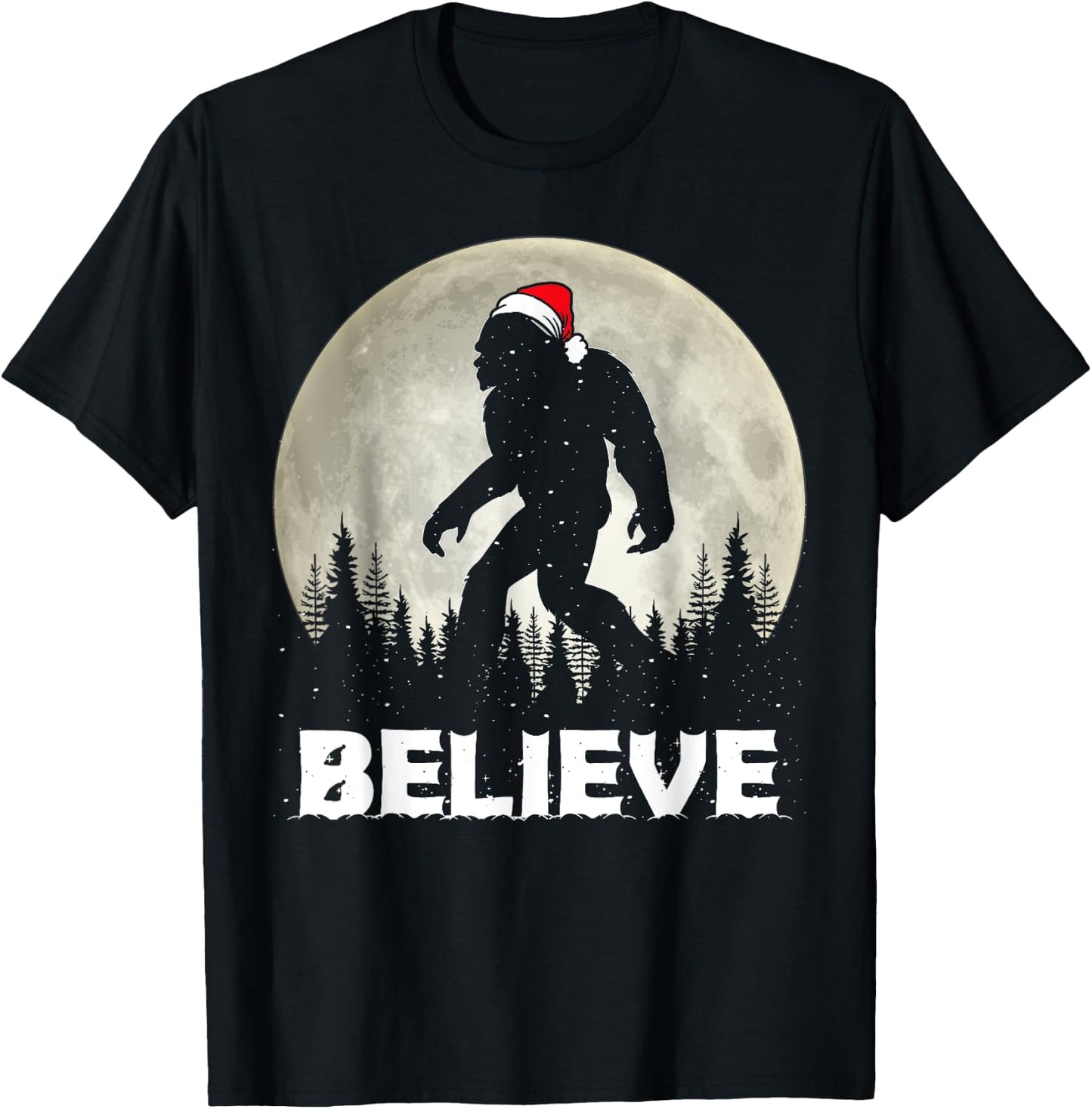 Santa Hat Bigfoot Believe Christmas Lights Rock Sasquatch T-Shirt - T-Shirt | Black