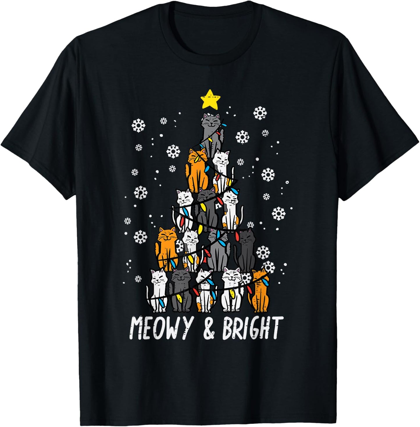 Cats Christmas Tree Meowy Bright Cute Xmas Girls Kids Women T-Shirt - T-Shirt | Black