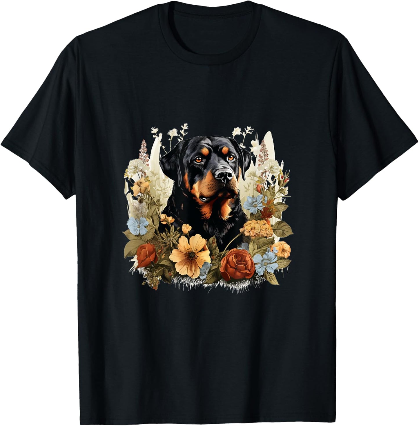 Rottweiler Dog With Flowers Vintage Pastel Floral Border Men Women Kids T-Shirt - T-Shirt | Black