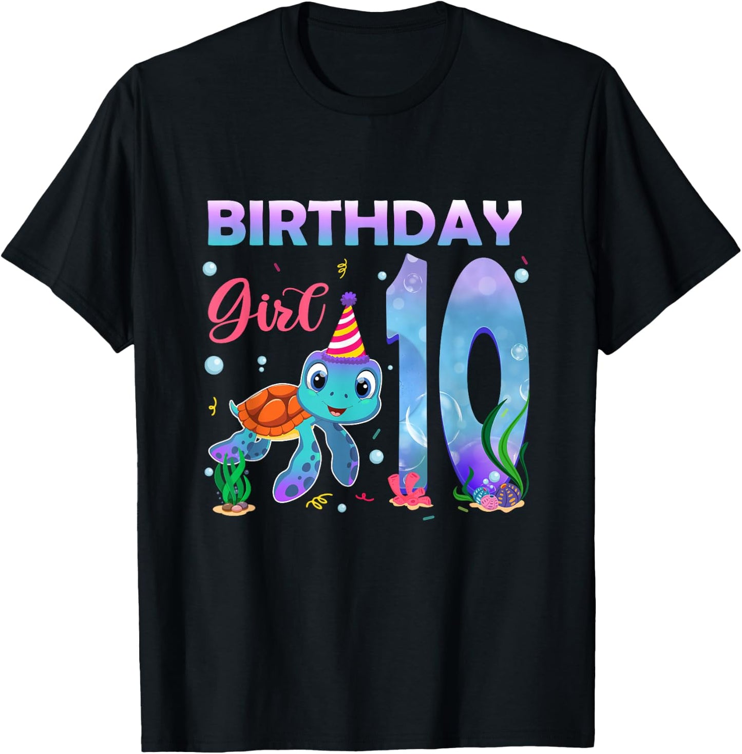 10th Birthday Girls Sea Turtle 10 Year Old Ocean Aquarium T-Shirt - T-Shirt | Black