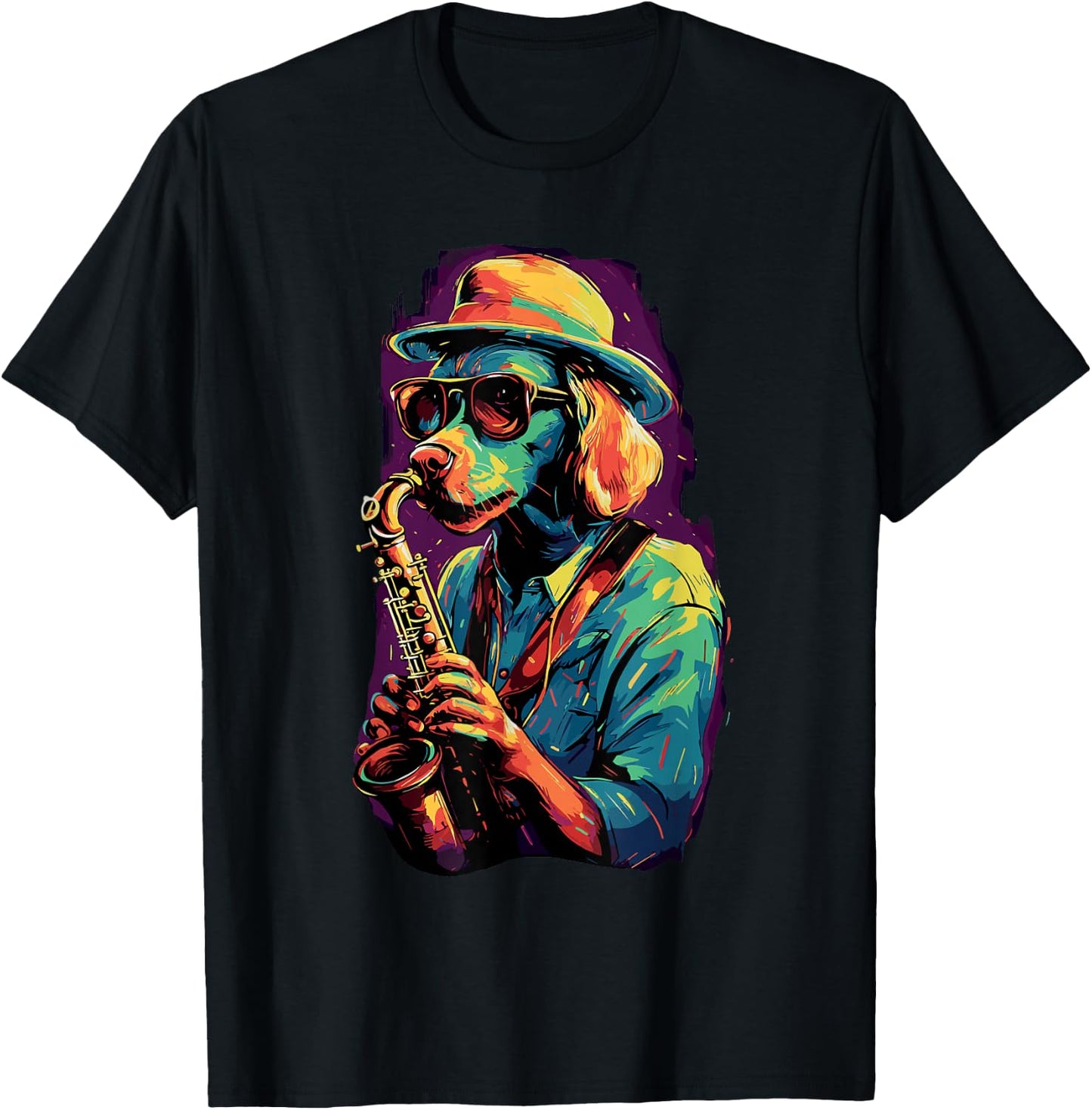 Dog With Saxophone Dog Playing Saxophone T-Shirt - T-Shirt | Black