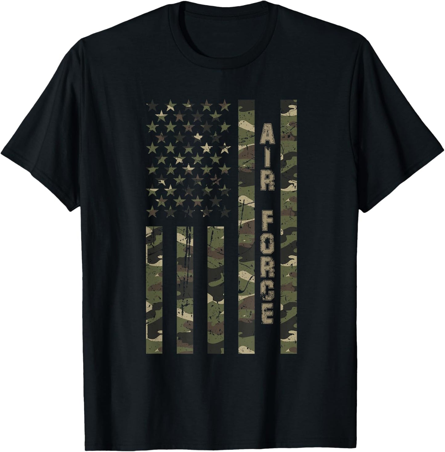 Air Force United States Distressed Camo w US Flag T-Shirt - T-Shirt | Black