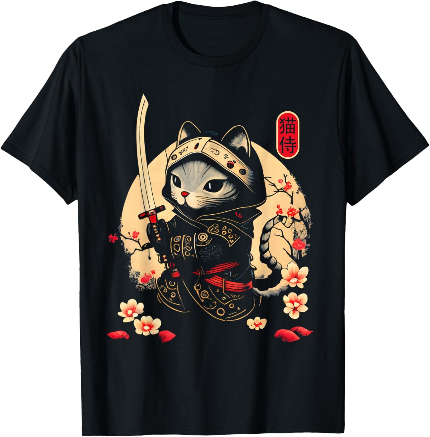 Japanese Samurai Cat Tattoo, Kawaii Ninja Cat T-Shirt - T-Shirt | Black