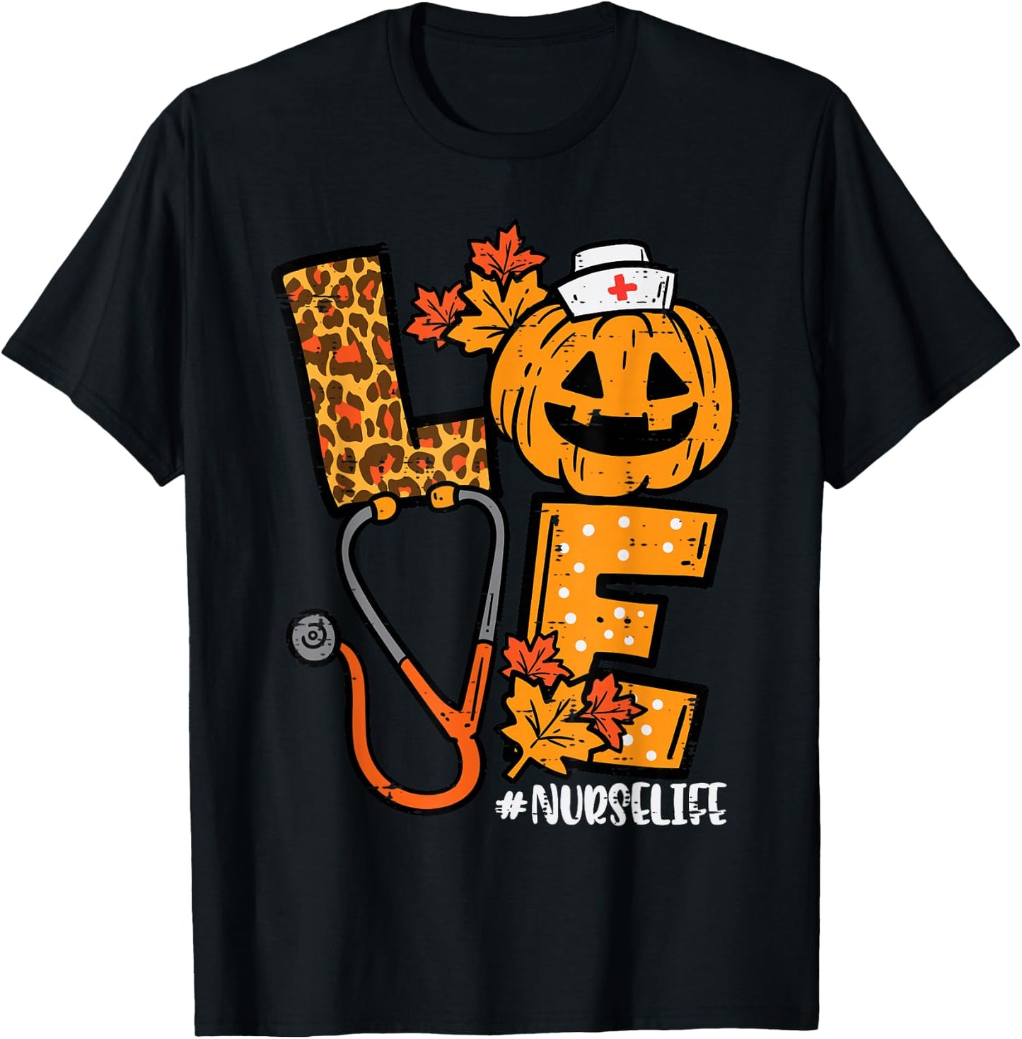 Leopard Pumpkin Nurse Halloween Costume Fall Scrub Top Women T-Shirt - T-Shirt | Black