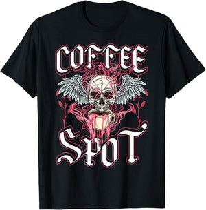 Coffee Spot, Winged Skull, Halloween Barista, Coffee Horror T-Shirt - T-Shirt | Black