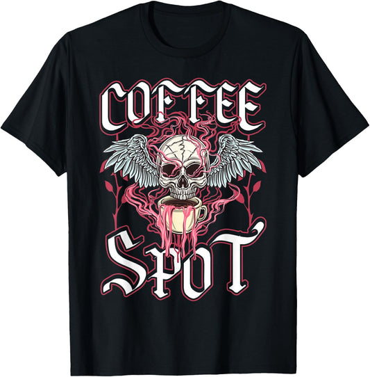 Coffee Spot, Winged Skull, Halloween Barista, Coffee Horror T-Shirt - T-Shirt | Black