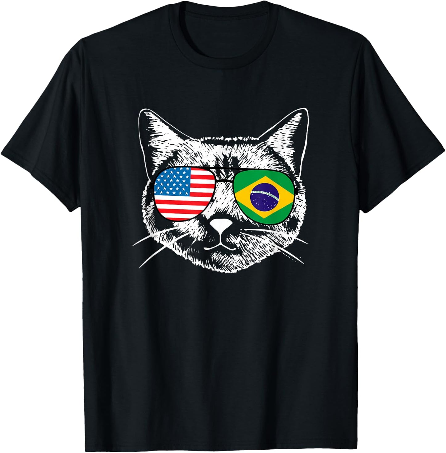 Half American And Brazilian America Brazil Flag Cat Funny Women Girls Kids T-Shirt - T-Shirt | Black