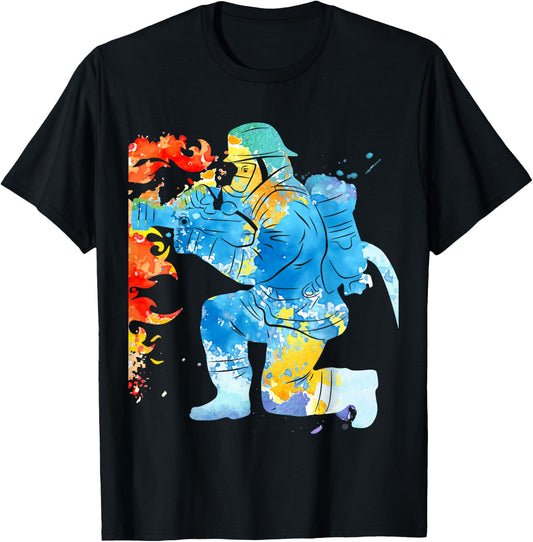Watercolor Fireman Funny Firefighter Firefighting Enthusiast T-Shirt - T-Shirt | Black