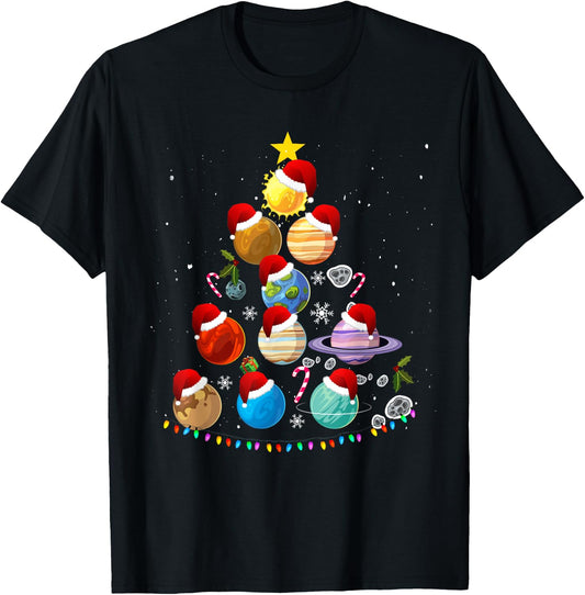 Funny Solar System Space Planets Tree Christmas Pajama Xmas T-Shirt - T-Shirt | Black