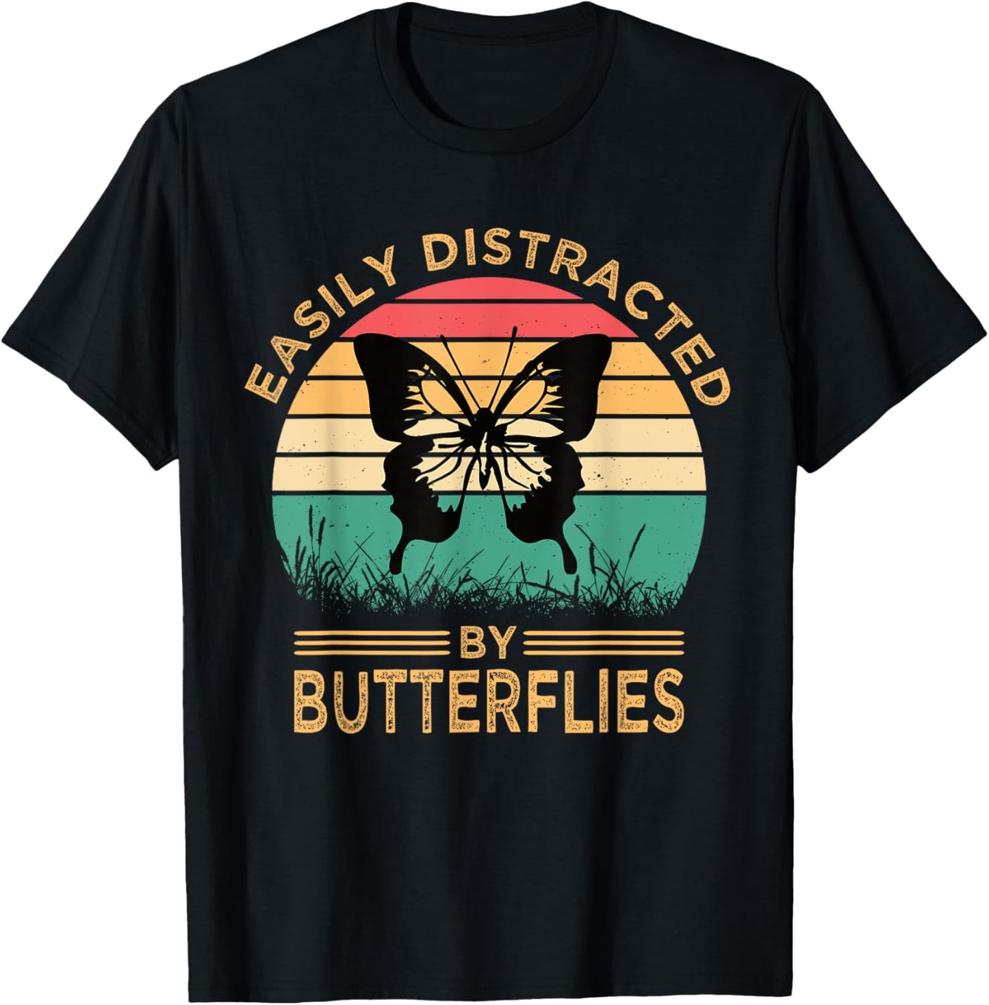 Easily Distracted By Butterflies Vintage Funny Butterfly T-Shirt - T-Shirt | Black