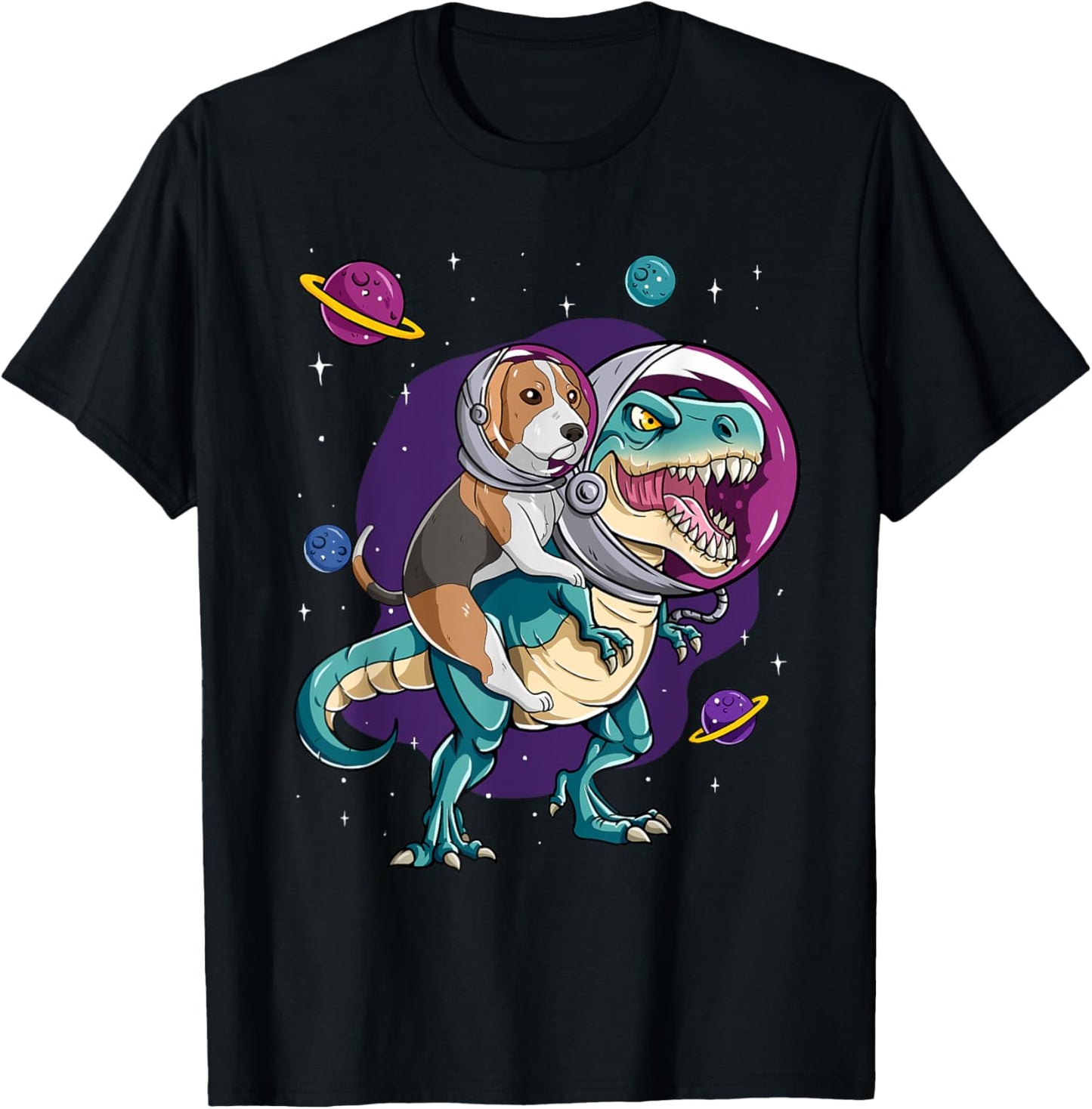 Dinosaur T Rex Space Planets Sparkles Beagle T-Shirt - T-Shirt | Black