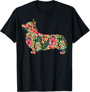 Corgi Flower Funny Dog Silhouette Floral Gifts Women Men T-Shirt - T-Shirt | Black