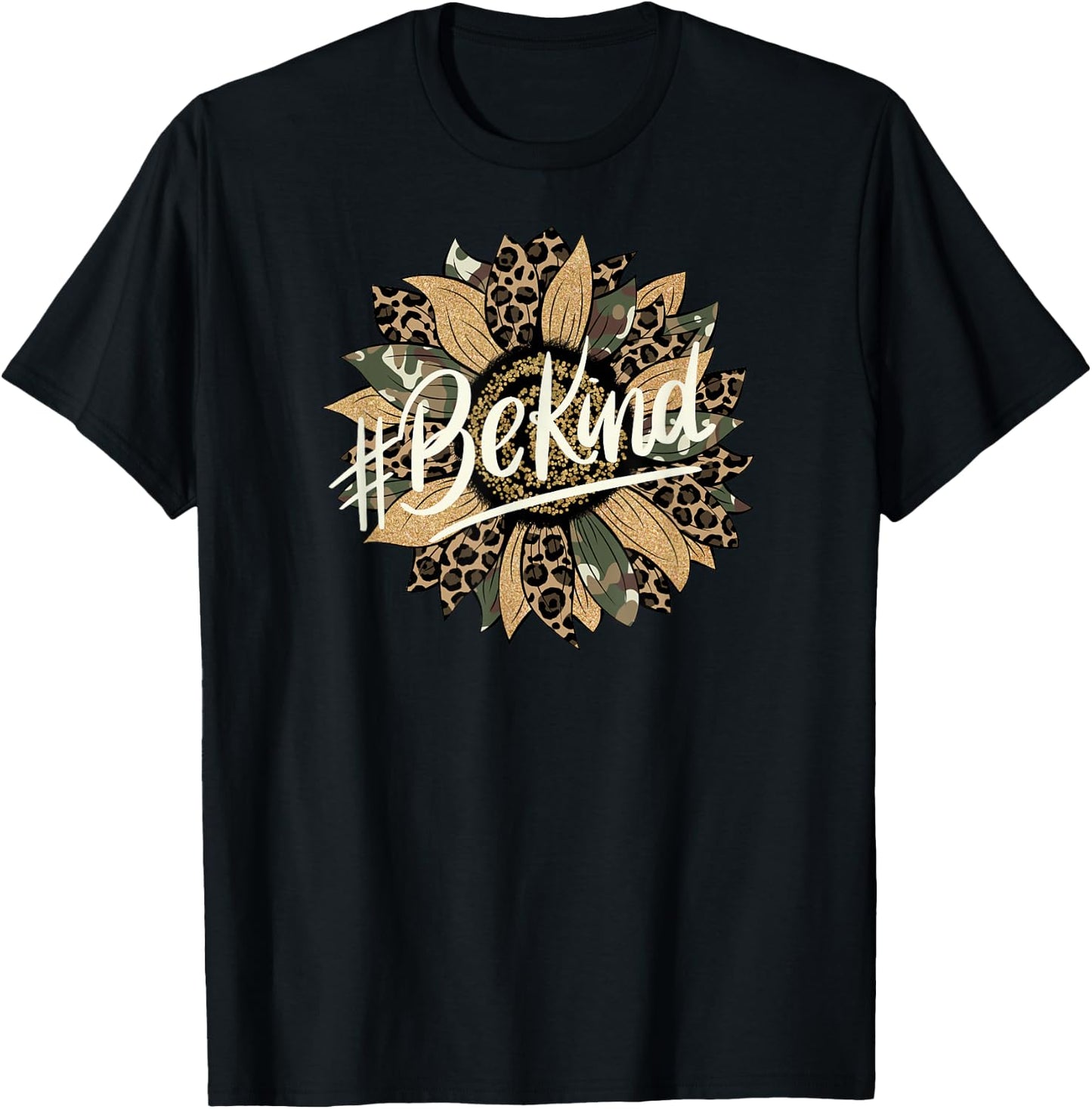 Camo and Leopard Print Sunflower Be Kind T-Shirt - T-Shirt | Black