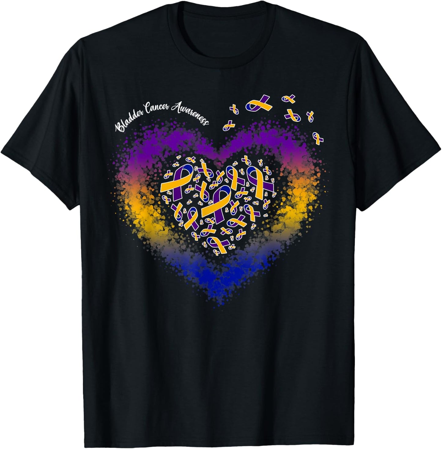 Marigold Blue & Purple Ribbon Heart Bladder Cancer Awareness T-Shirt - T-Shirt | Black