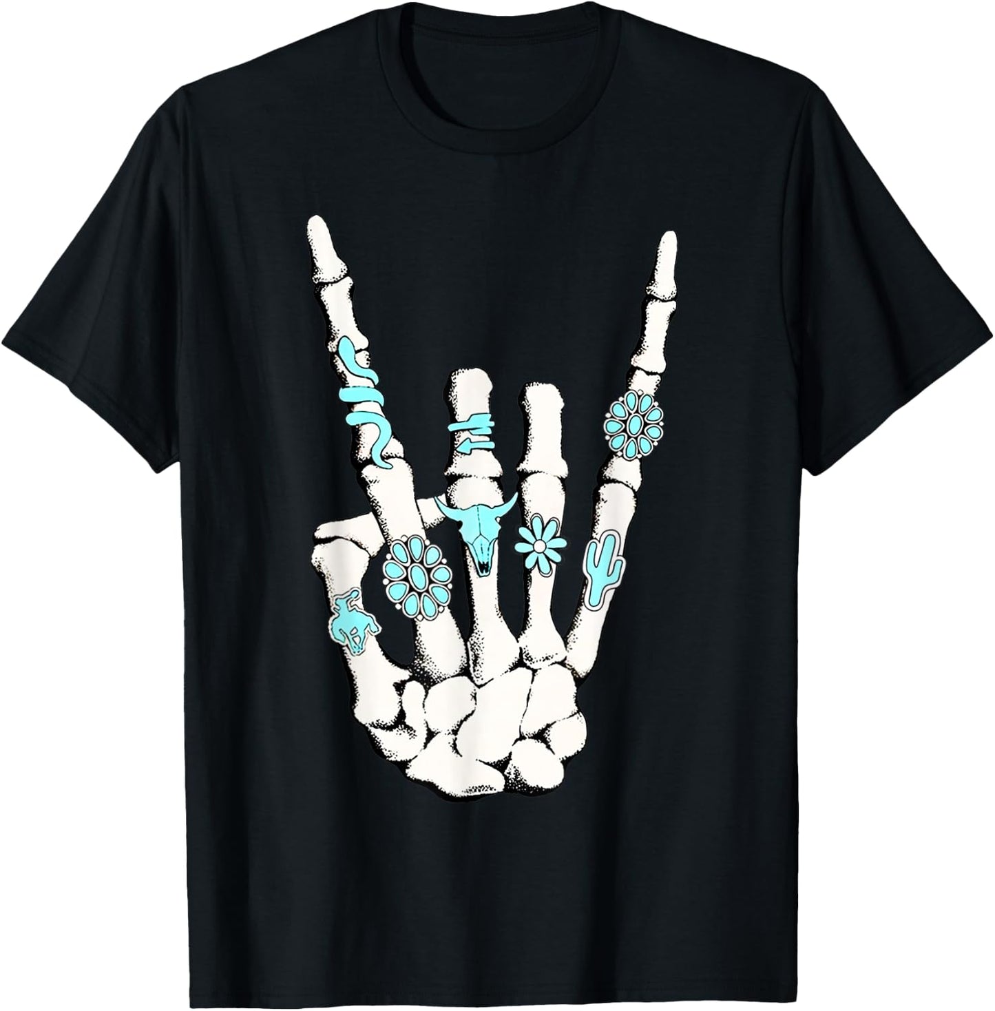 Skeleton with Turquoise Hand Western Skeleton Rings Lover T-Shirt - T-Shirt | Black
