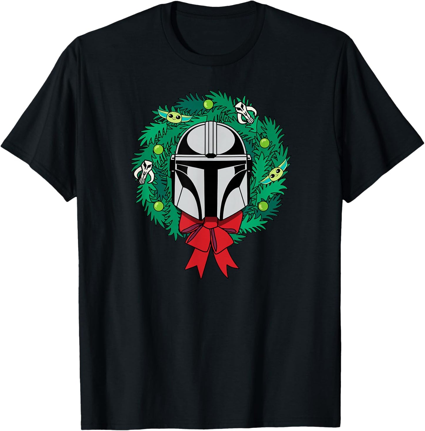 Amazon Essentials The Mandalorian Helmet Holiday Christmas Wreath T-Shirt - T-Shirt | Black