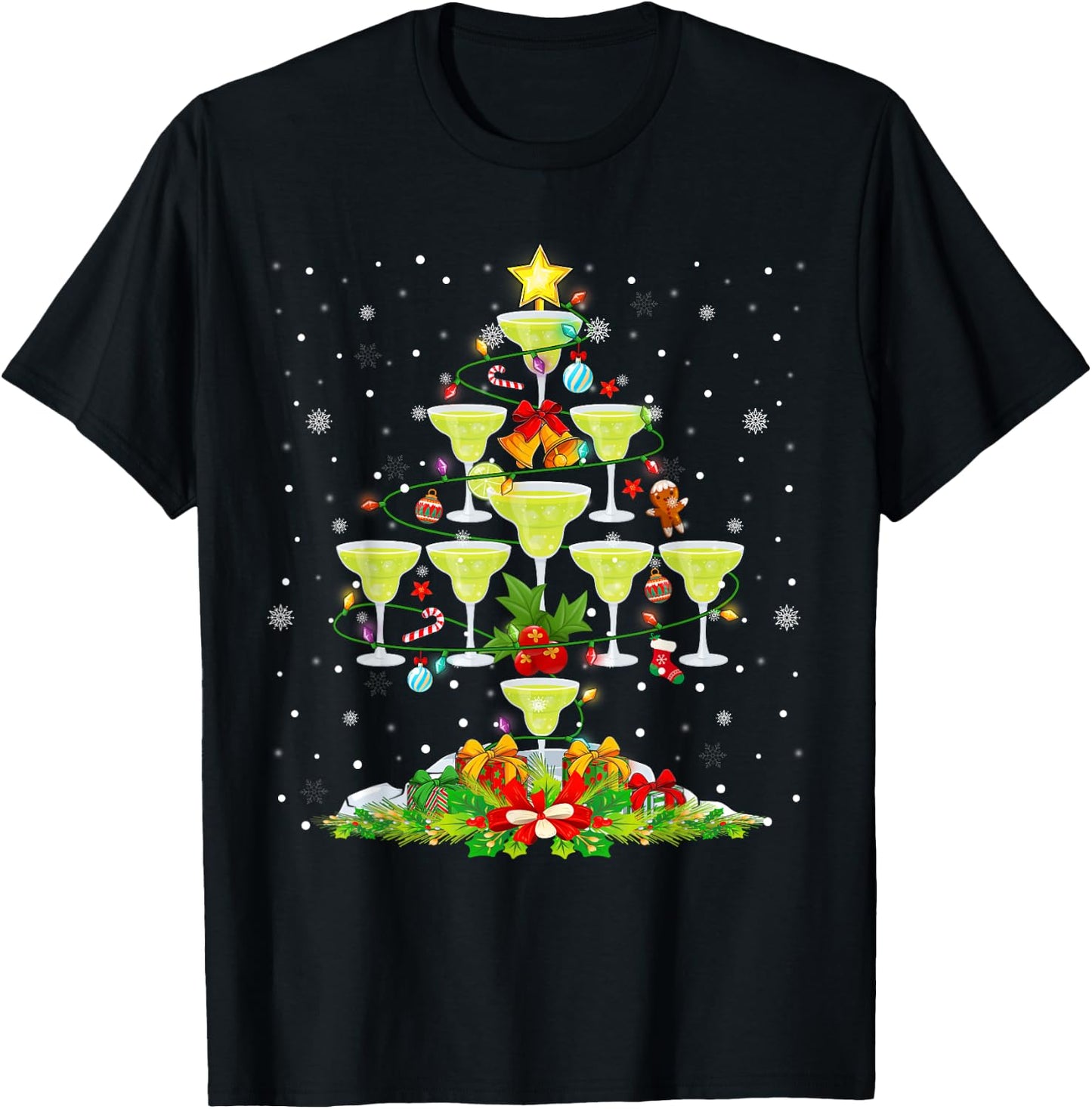 Glasses Of Margarita Christmas Tree Lights Ornaments Xmas T-Shirt - T-Shirt | Black