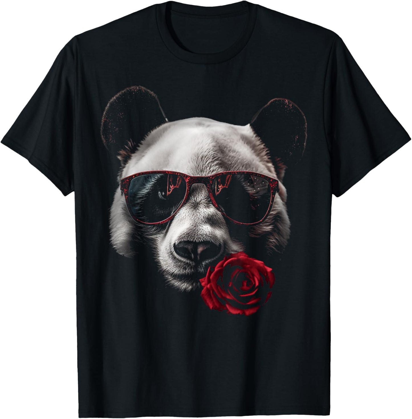 Panda Sunglasses Rose Artwork | Flowers Animal Panda T-Shirt - T-Shirt | Black